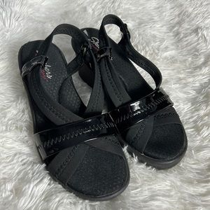 Skechers Black Memory Foam Strappy Wedge Slingback Sandals 9